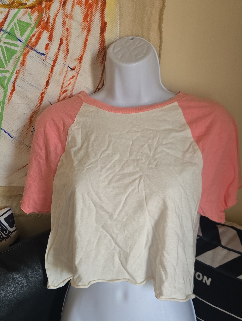 aerie Pink & Cream Raglan Crop Tee